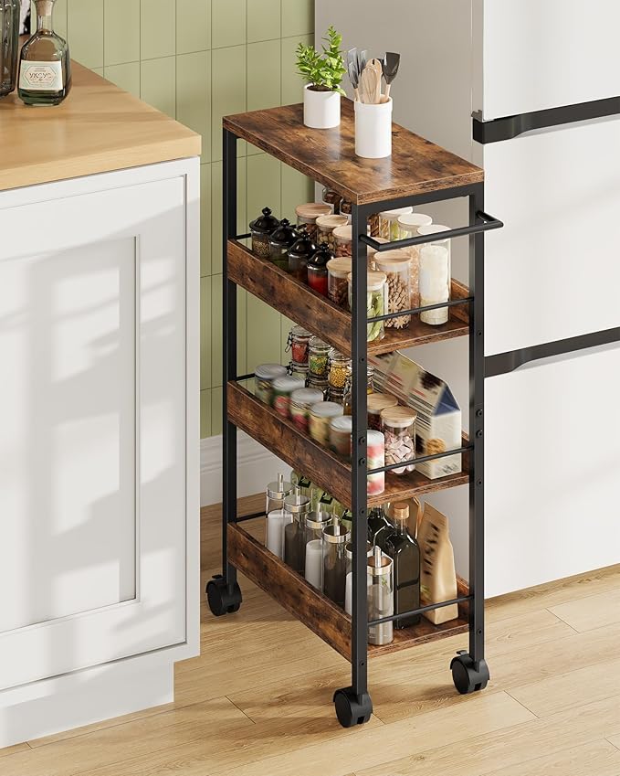 CHOEZON 4-Tier Slim Storage Cart, 9.1'' Kitchen Serving Trolley, Slim Rolling Cart with Handle and Guard Rails, Slim Cabinet for Small Spaces, for Dining Room, Rustic Brown and Black TTC03BF