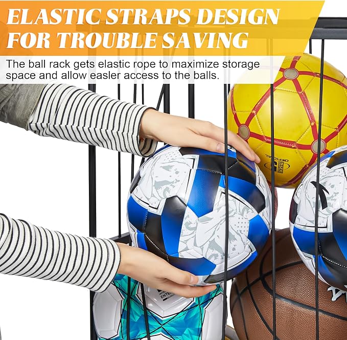 Large Capacity Garage Ball Storage- [Hold 16-20 Balls]: Rolling Sports Equipment Organizer Cart with Elastic Rope, Ball Rack with Wheels for Basketball, Soccer, Football, Indoor/Outdoor, Black