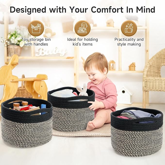 Small Rope Baskets for Storage, Baskets for Gifts Empty, Cute Round Woven Basket, Decorative Shelf Baskets 9.82×9.82×7.1", Cotton Toy Basket Storage Bins for Organizer 3 Packs-Brown+Black