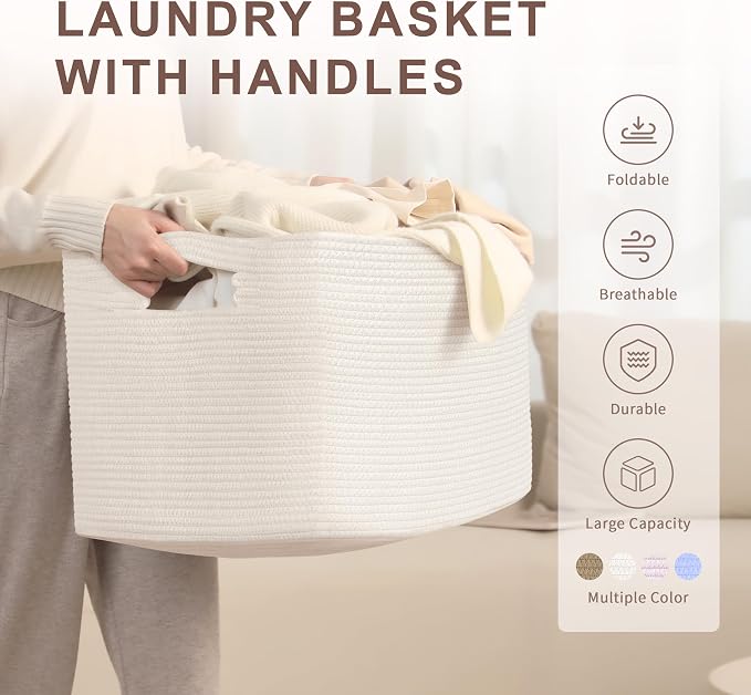 86L Large Woven Laundry Basket Hamper with Handles, White | 24"x16"x14", collapsible wicker hamper, storage for dirty clothes, toys, blankets, gifts, living room, bedroom, bathroom