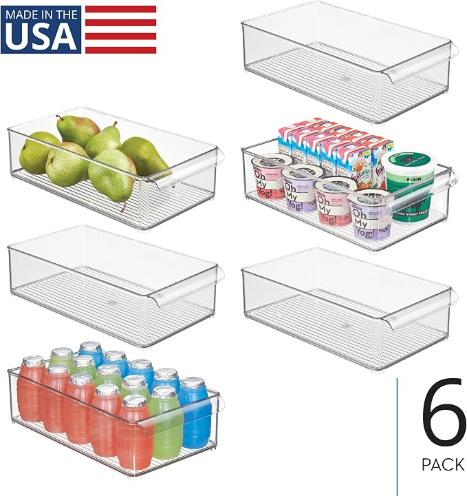 iDesign Large Stackable Fridge or Freezer Bin, Set of 6, Clear | Front Handle, Made in USA