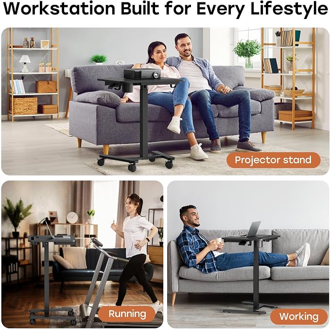 Small Mobile Standing Desk with Drawer, 23.6" x 19.7" Top | Height Adjustable Rolling Teacher Desk with Cup Holder and Hooks, Portable Workstation on Wheels for Classroom & Study, Black