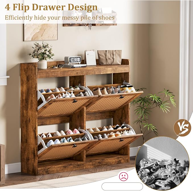 Garvee Shoe Storage Cabinet with 4 Deep Flip Drawers, Wood Shoe Cabinet with Rattan Doors and Adjustable Shelves- Freestanding Shoe Organizer for Entryway, Hallway (Brown, 4 Drawers- 2PCS)