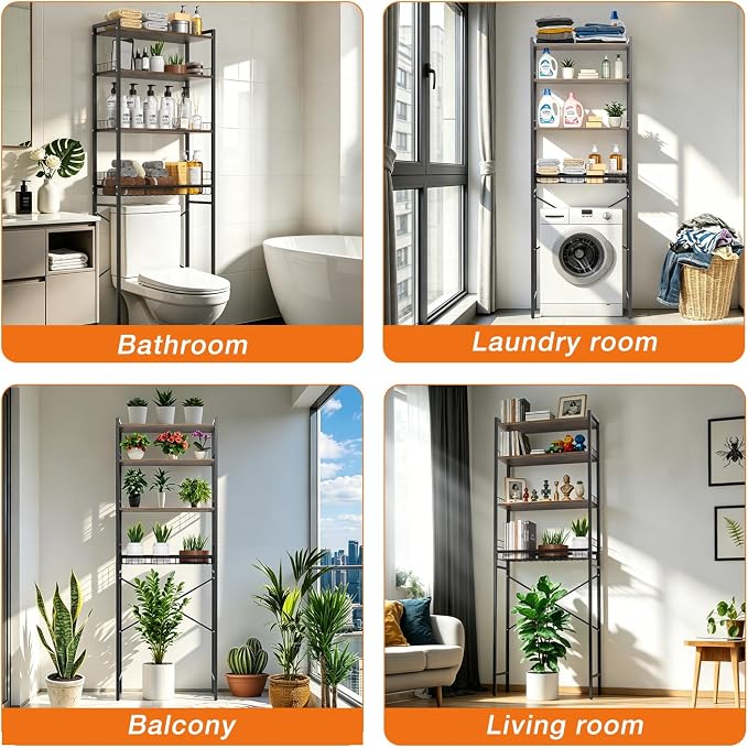 Over The Toilet Storage Rack 4-Tier Freestanding Bathroom Organizer Shelf Over Toilet with Adjustable Shelf & Basket, Space-Saving for Small Spaces, Rustic Brown