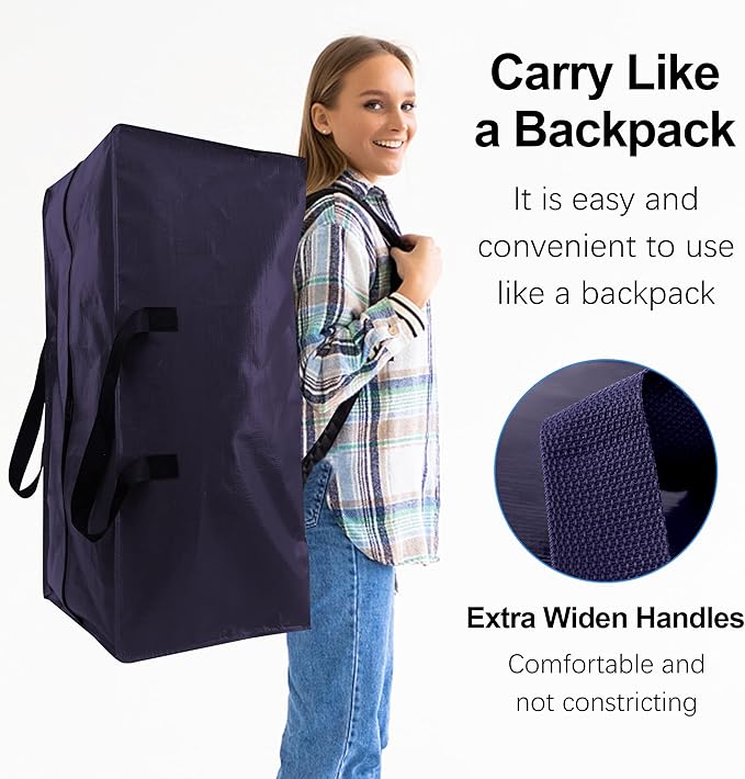 VELVETSURE Heavy Duty Extra Large Moving Bags W/Backpack Straps - Strong Handles & Zippers, Storage Totes For Space Saving, Fold Flat, Alternative to Moving Box and Storage Bin (Set of 6, Blue)
