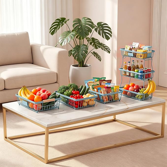 3 Tier Fruit Basket with 2 Banana Hangers, Mesh Basket Fruits Stand Produce Holder Organizer for Onion Potato Bread Snack Veggie Blue