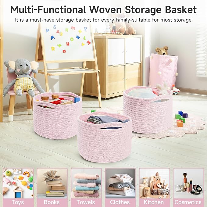 Small Rope Baskets for Storage, Baskets for Gifts Empty, Cute Round Woven Basket, Decorative Shelf Baskets 9.82×9.82×7.1", Cotton Toy Basket Storage Bins for Organizer 3 Packs-Pink
