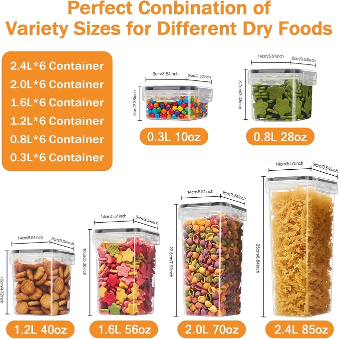 36 PCS Airtight Food Storage Containers with Lids, BPA Free Clear Plastic Kitchen and Pantry Organization and Storage Set for Flour, Sugar, Cereal, Pasta, Includes 36 Labels and Marker
