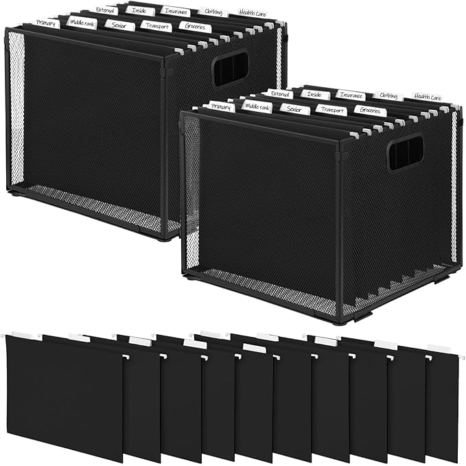 2 Pack Hanging File Holder, 10 Hanging Folders, Metal Mesh, Letter Size Folder Storage, Desktop Storage Cabinets, Office School Document(Black,Medium)