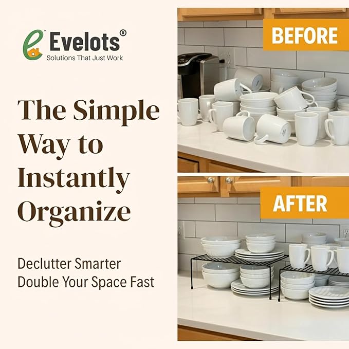 Evelots Kitchen Cabinet Wire Shelf Organizer/Rack - 2 Pack Sturdy Metal Shelf Risers - Double Your Counter Space - Great for Kitchen, Freezer, Pantry and Bathroom - Rustproof - Black