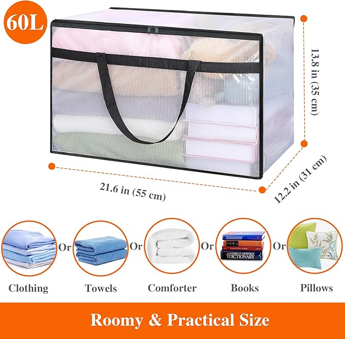Vieshful 5 Pack 60L Clear Storage Bags with Zipper and Handles, Tear-Resistant Foldable Plastic Storage and Organizers for Clothes, Bedding, Duvets, Toys, for Closet & Moving