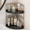 Bathroom Countertop Corner Organizer for Small Spaces, 2-Tier Counter Shelf | Oak Wood & Iron, Fan-Shaped Counter Shelf for Sink & Vanity Corners, Skincare, Toiletries, Compact Vertical Storage, Black