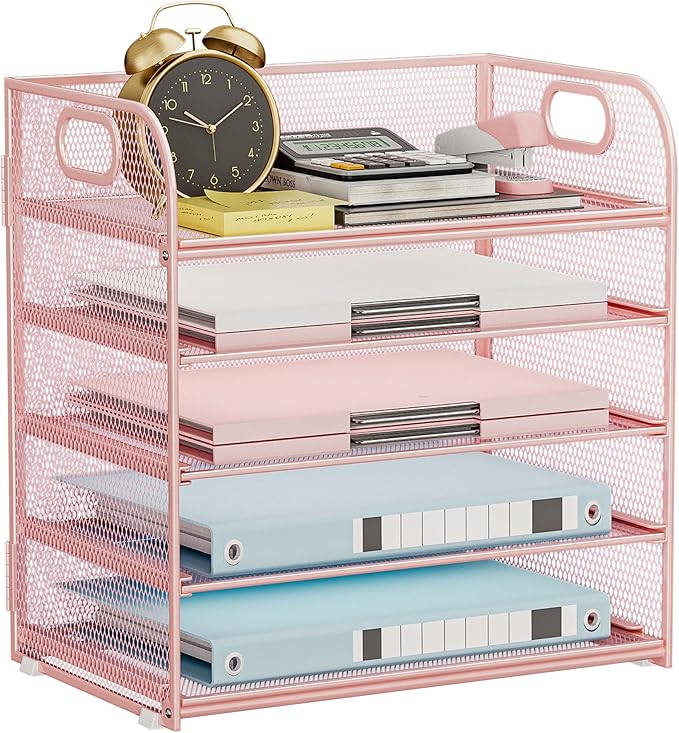 5-Tier Stackable Paper Organizer with Handle, Pink Metal Mesh Letter Tray | Stylish Desk File Sorter for Office, Home & Classroom Supplies