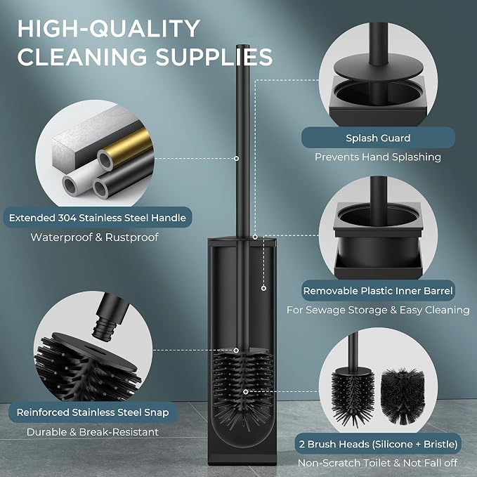 FORIOUS Toilet Cleaner Brush,2 Toilet Bowl Brush Head Square Tall Black | Heavy Duty 304 Stainless Steel Base, Silicone and Plastic Brush Heads, Long Handle for Deep Cleaning, Drip-Proof