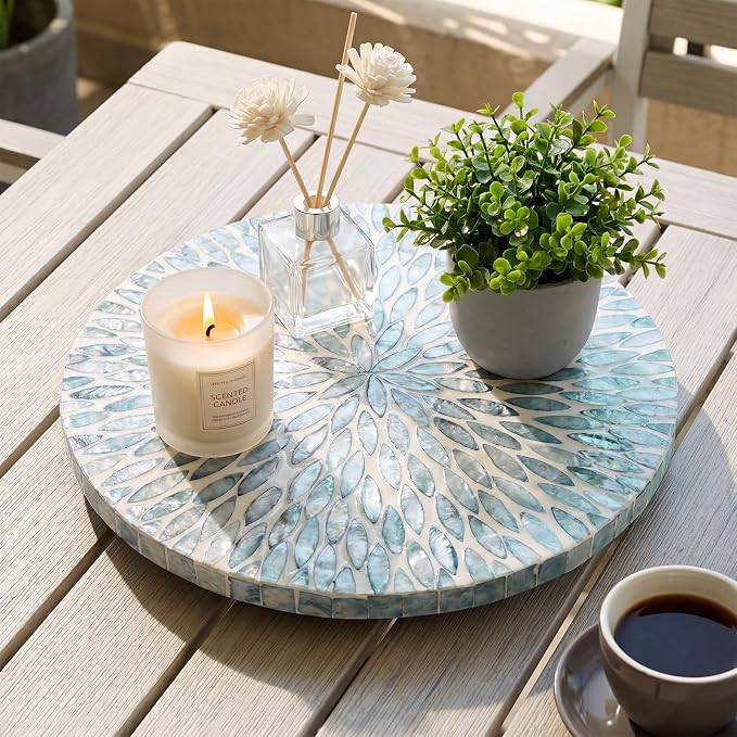 Reallnaive Mother of Pearl Lazy Susan for Table Turntable Organizer Marble Patterned Lazy Susan Wood Spinning Tray Rotating for Kitchen Cabinet Spice Pantry 12 Inch(Round,Blue Floral Petal)