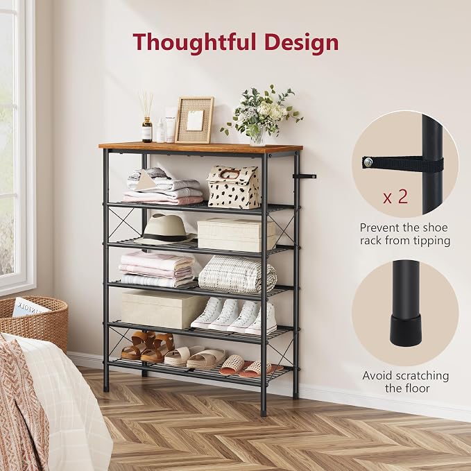 Tajsoon 6 Tier Shoe Rack Organizer for 20-24 Pairs of Shoes, Metal Mesh Shoe Shelf for Closet, Industrial Shoe Rack for Entryway Shoe Storage with X Shape Fixed Frame, Rustic Brown & Black
