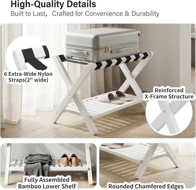 Heybly Luggage Rack for Guest Room,Bamboo Folding Luggage Stand & Suitcase Holder,Suitcase Stand, 5 Heavy-Duty Straps,Holds up to 165 Lbs, Heavy Duty Luggage Rack for Bedroom Hotel, White, HLR013W1