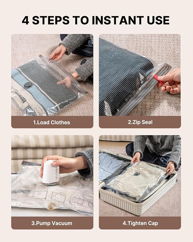 Travel Vacuum Seal Bags for Clothing with Rechargeable Cordless Pump, VINTAR 24 Pack (6J+6L+6M+6S) Carry-on Size Space Saver Vacuum Storage Bags, Compression Packing Bags for Luggage and Suitcase
