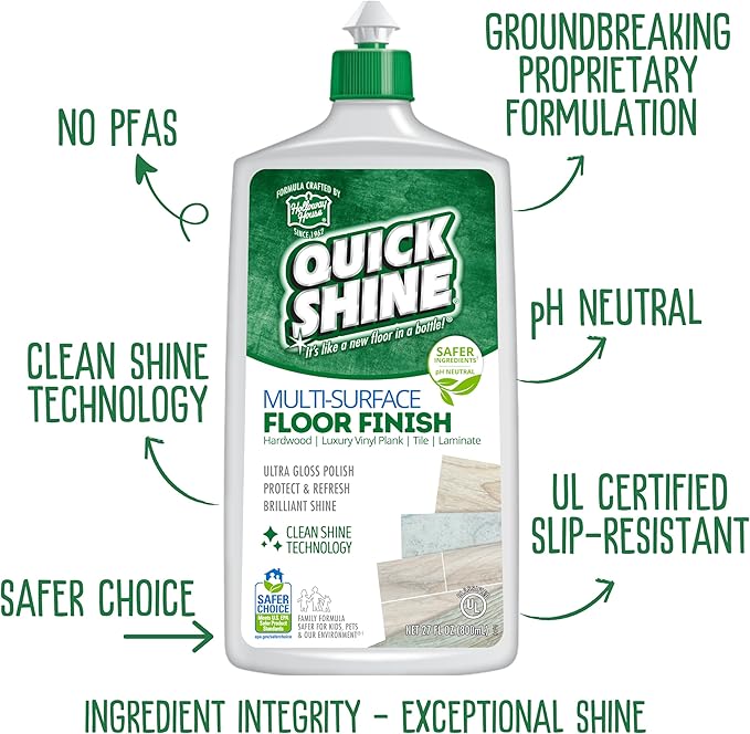 Quick Shine Multi-Surface Floor Finish-Polish 27oz-2pk | Safer Choice, No PFAS, pH Neutral Clean Shine Technology | Squirt & Spread | For Wood, Laminate, LVP, LVT, Tile & Stone | Made in USA