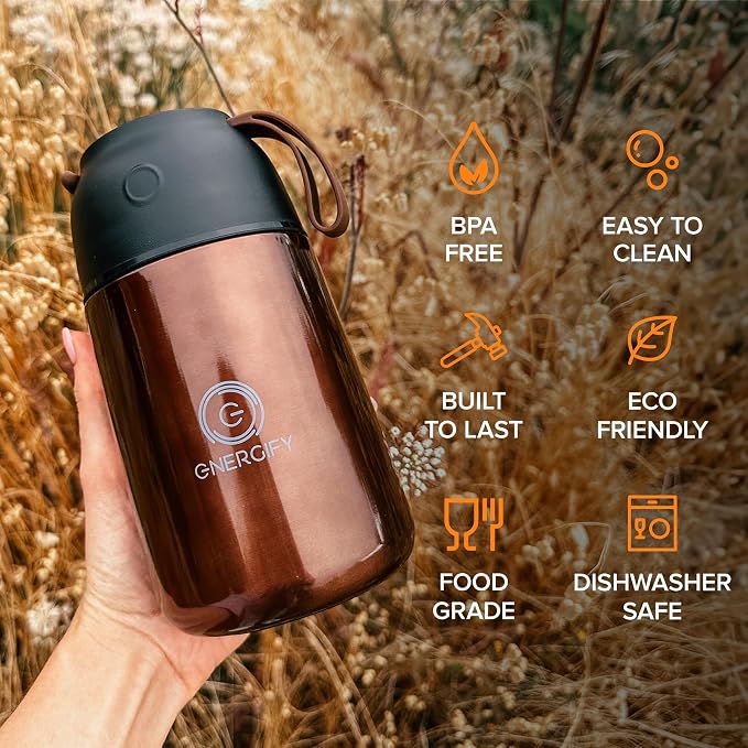 ENERGIFY Vacuum Insulated Food Jar. Large 24oz Bowl incl. Folding Spoon, Cup. Wide Mouth Keep Hot & Cold Drinks Soup Lunch Container for Adults. BPA-Free Stainless Steel, Leak Proof Red Mahogany