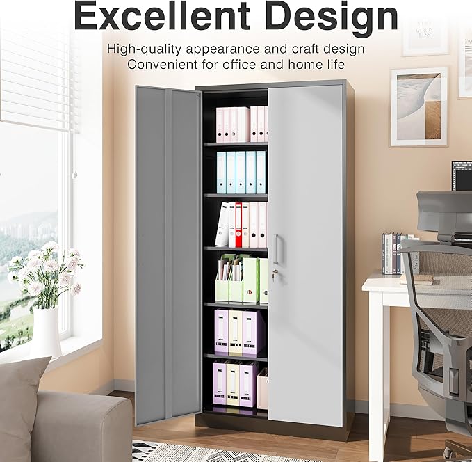 SISESOL Storage Cabinet with Doors and Shelves,71" Metal Storage Cabinet with Lock,5 Adjustable Shelf, Steel Lockers for Home Office,School,Shop,Garage Tool Utility Cabinets