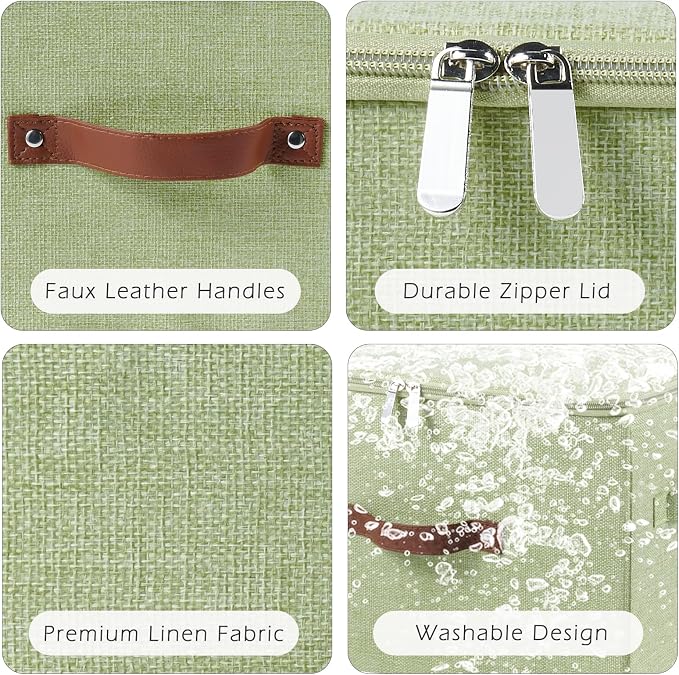 4 Pack Storage Bins with Zipper Lid Cotton Linen Fabric Lidded Storage Baskets Boxes Foldable Washable Closet Shelf Clothes Organizer Container with PU Leather Handles (Green, Small)