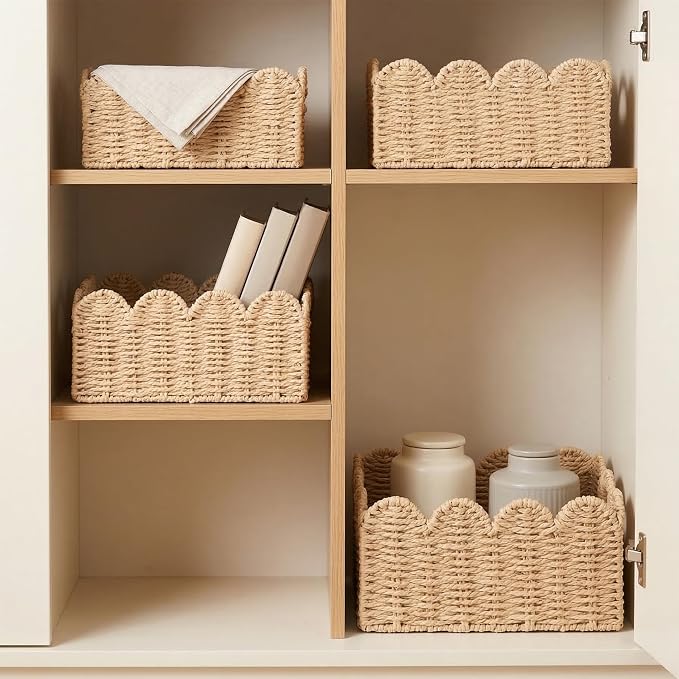 Scalloped Wicker Baskets, Set of 3 Hand-Woven Storage Baskets with Handles - Paper Rope Shelf Organizers & Decorative Baskets for Shelves, Closet, Bathroom (Beige）