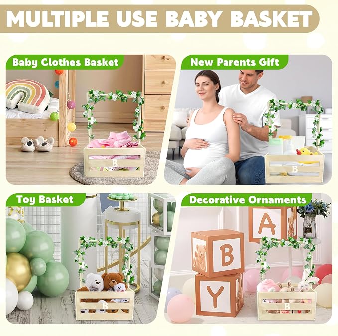 Wooden Baby Shower Crate Closet with Hanger Rack,Baby Baskets,Baby Shower Baskets with Handles & Garland for Newborn Boys Girls,Pregnancy Gifts for New Parents