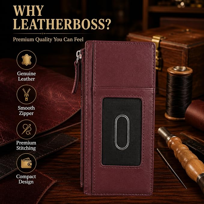 Leatherboss Genuine Leather Women's All in One Credit Business Card Case Holder Slim Zipper Wallet With a Card Protection Strap, Wine