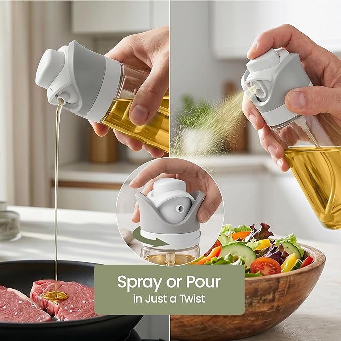 Olive Oil Dispenser for Kitchen 2-in-1 Pour and Spray | 7.7 oz / 230 ml | Glass Olive Oil Sprayer for Cooking, Airfryer, Salad & BBQ | Set of 2 Bottles, White