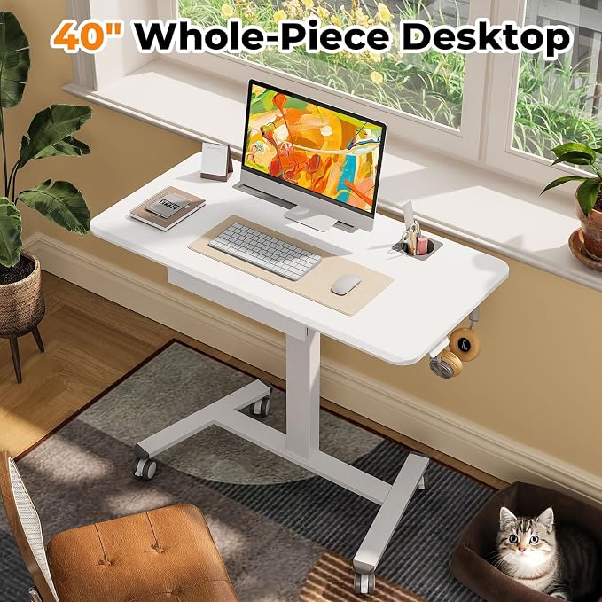 40"×20" Mobile Desk with Drawer, Rolling Desk with Storage | Height Adjustable Portable Laptop Desk on Wheels, Small Computer Desk with Cup Holder and Hooks for Study & Work, White