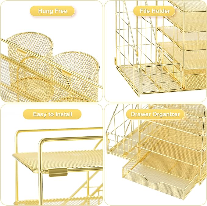 Marbrasse Desk Organizer with File Holder, 5-Tier Paper Letter Tray Organizer with Drawer and 2 Pen Holder, Mesh Desktop Organizer and Storage with Magazine Holder for Office Supplies (Gold 2p)