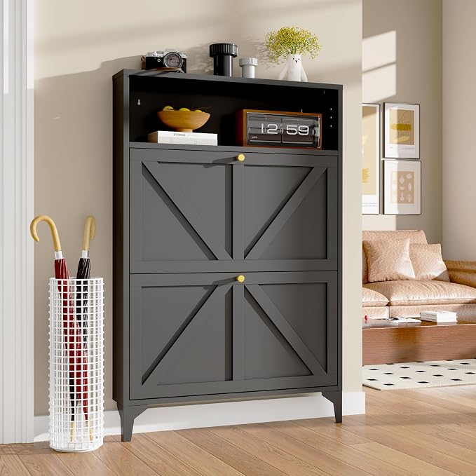 Shoe Cabinet with 2 Flip Drawers and Open Top Space-Metal Narrow Shoe Rack for Entryway,Hallway,Living Room-Hidden Metal Shoe Cabinet-Freestanding Shoe (2 Door, Black)