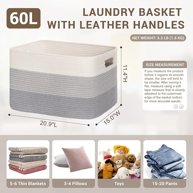 60L Woven Laundry Basket Hamper with Handles, Gradient Grey | 21"x15"x11", collapsible wicker hamper, storage for dirty clothes, toys, blankets, gifts, living room, bedroom, bathroom