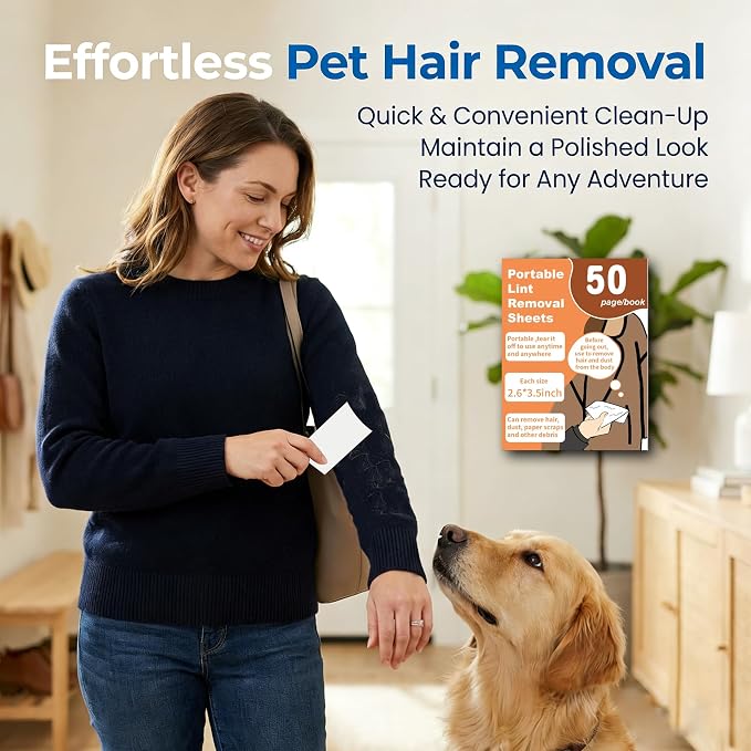 Mini Portable Lint Remover Strips & Pet Hair Remover - Pocket Sticky Stickers for Clothes, Travel & Handbags (50 Pieces) (200)