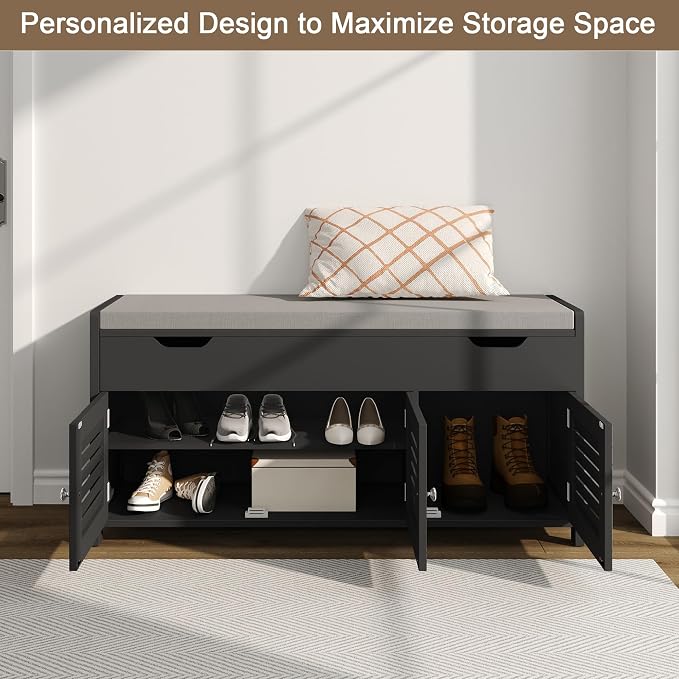 ChooChoo Shoe Storage Bench with Lift Top Storage & Cushioned Seats | 41.3" Entryway Bench with 3 Compartments & Adjustable Shelf, for Entryway, Black