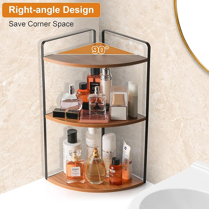 3 Tier Corner Bathroom Counter Organizer, Countertop Organizer, Makeup Organizer Countertop, Bathroom Storage Sink Shelf, Wooden and Metal Counter Shelf (Light Brown)