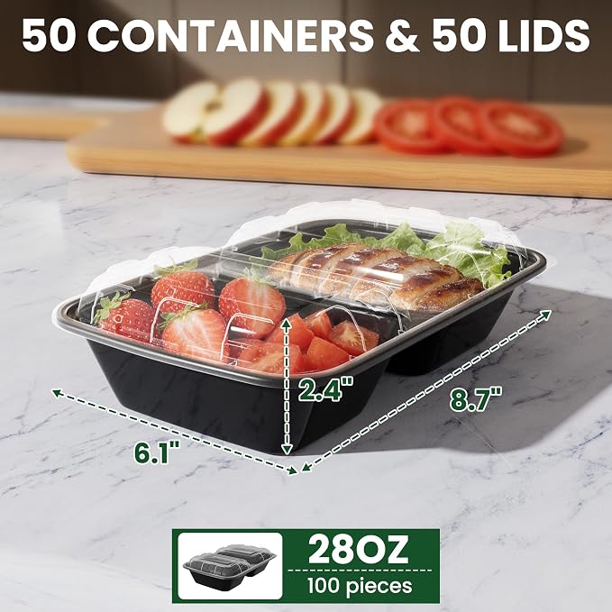 50 Pack 28oz Meal Prep Containers with Lids 2-Compartment, To Go Take Out Plastic Food Storage Containers with Lids Reusable, Leakproof Food Safe, Microwave Freezer Dishwasher Safe, Black
