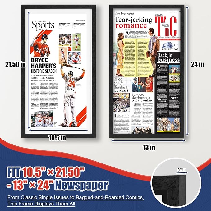 JupDec 11 × 22 Up to 13 × 24 Newspaper Frame, Premium Wood Display Case with Acrylic Panel, Wall Mount or Tabletop Stand, Perfect for Home & Office Decor, Ideal Gift for Collector, 3 Pack, White