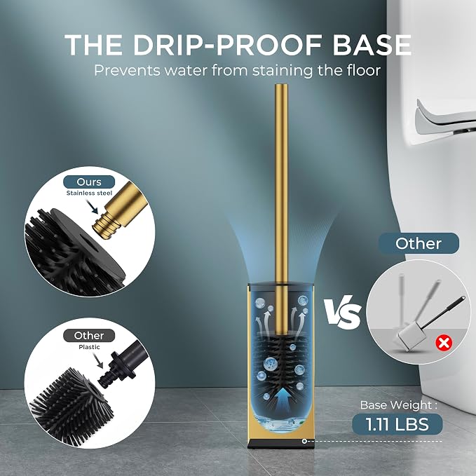 FORIOUS Toilet Brush and Holder,2 Toilet Bowl Brush Head Square Medium Gold | Heavy Duty 304 Stainless Steel Base, Silicone and Plastic Brush Heads, Long Handle for Deep Cleaning, Drip-Proof