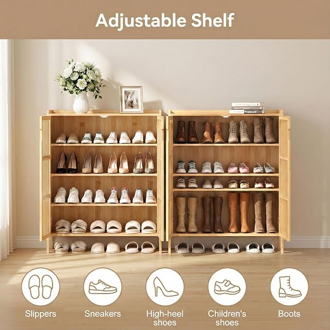 Bamboo Shoe Storage Cabinet for Entryway with Doors, Hidden Shoe Organizer | Adjustable Shelves | 5 Tiers for 25 Pairs | Modern Wood Shoe Cabinet for Living Room, Bedroom, Front Door, Hallway & Closet