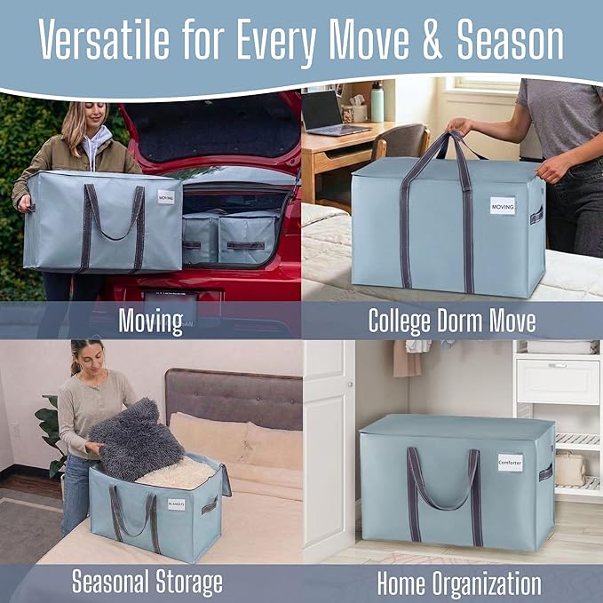 VENO 4 Pack Heavy Duty Moving Bags, Extra Large Storage Bags with Reinforced Handles & Strong Zippers, Foldable & Reusable Moving Box Alternative for Clothes & Dorm Storage