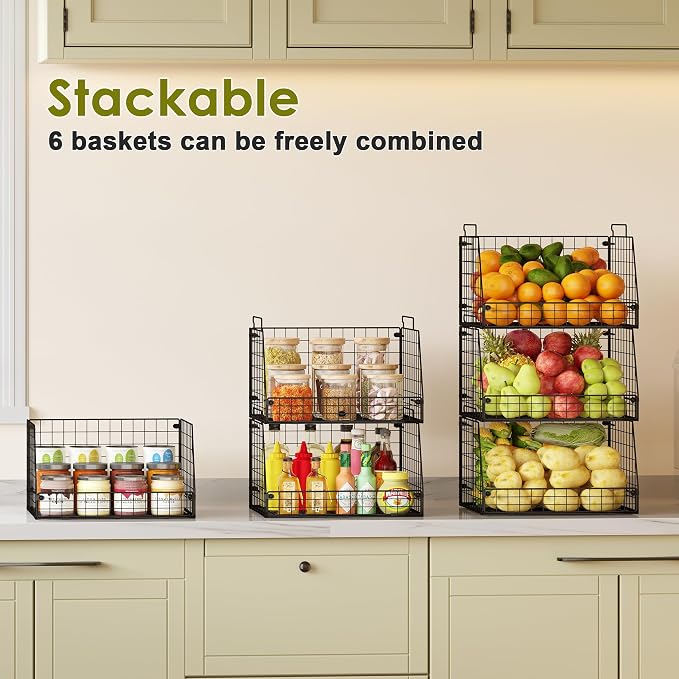 Jakyitvi 6 Pack Stackable Wire Baskets for Pantry,6 Pank Metal Pantry Organizer Storage Bins for Kitchen Snack, Fruit, Potato, Onion & Vegetable Storage, Wire Baskets for Pantry Organization