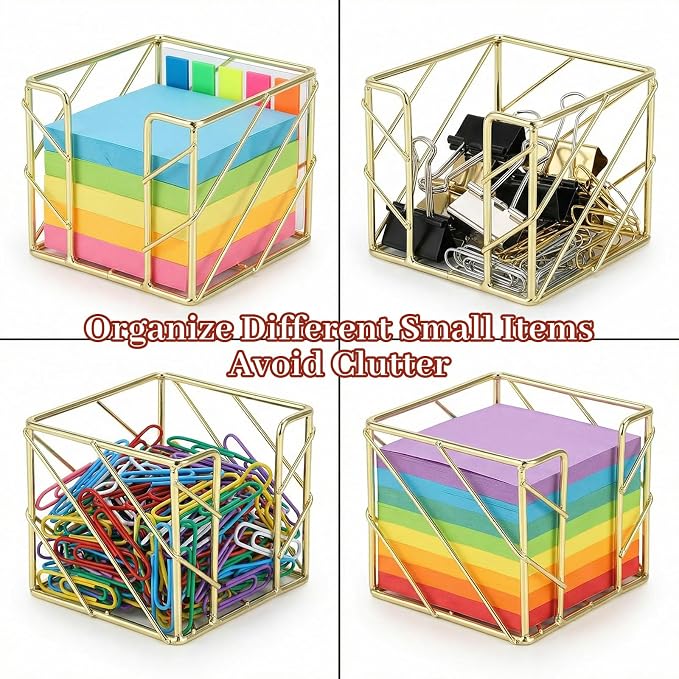 Sticky Note Holder 3.8x3.8 Inches, Gold Desk Accessories | Functional Stylish Metal Notepads Memo Sticky Note Dispenser, Mesh Cube Gold Desk Organizer for Home School Office Supplies