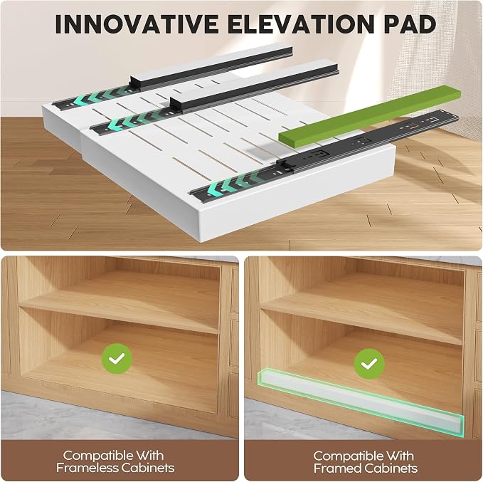 Seinloes 2 Pack Pull Out Cabinet Organizers 21" Deep With Raising Pad for Framed Cabinets, Expandable Width (15.2"-26.3") Slide Out Drawers Upgrade 3 Slide Rails, Roll Out Shelves Adhesive, White
