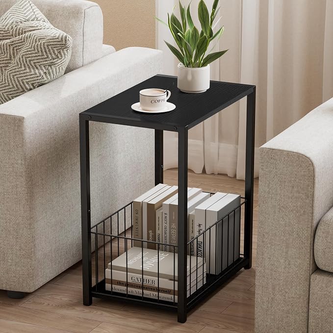 Homleke Side Table with Magazine Holder, Record Player Stand with LP Shelf | LP Storage, Magazine Holder, Easy Assembly, Living Room, Bedroom, Bedside, 11" D x 16.9" W x 23.6" H, Black