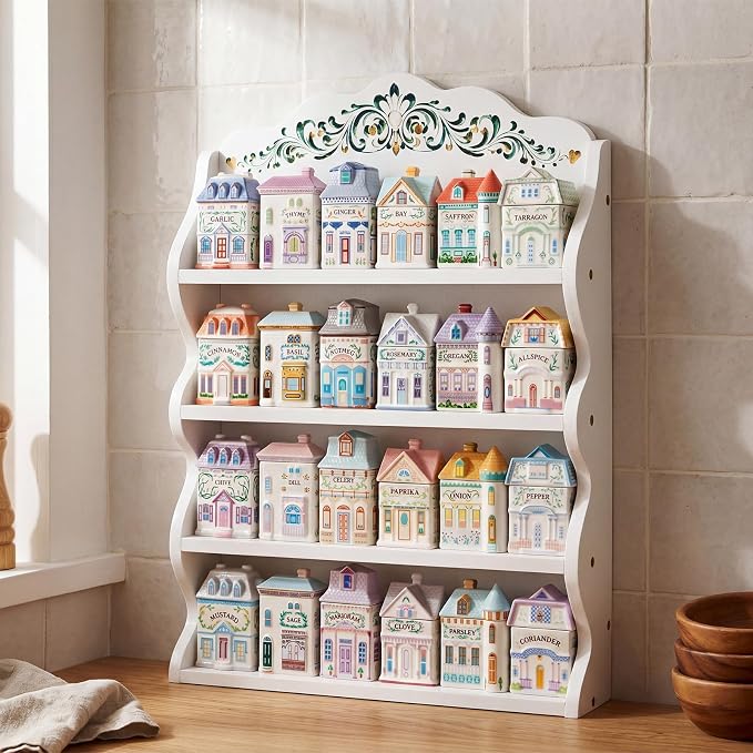 Leinuosen Vintage Spice Jar Wooden Rack with 4 Shelves and Drawer Hanging Spice Rack Wall Mounting Kitchen Storage Village Style Display Shelf for 24 Jars Shelf Only 20.47 x 14.57 x 3.15 Inches