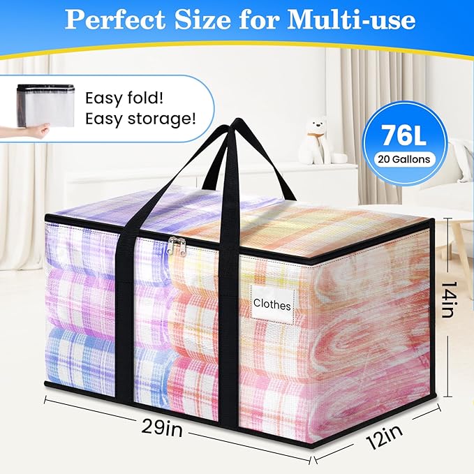 BlissTotes 2-Pack Large Moving Bags with Backpack Straps & Strong Zippers, Heavy-Duty Storage Bags Moving Boxes for Space Saving, Dorms, Transport, 76L-20 Gallons, Clear