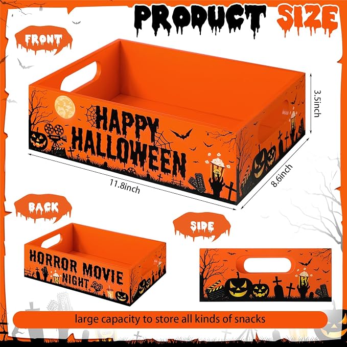 Movie Night Supplies Snack Trays with Handles Reusable Wooden Movie Gift Basket for Theater Popcorn Bucket Bowl Box Container Family Room Decor(Halloween Style)