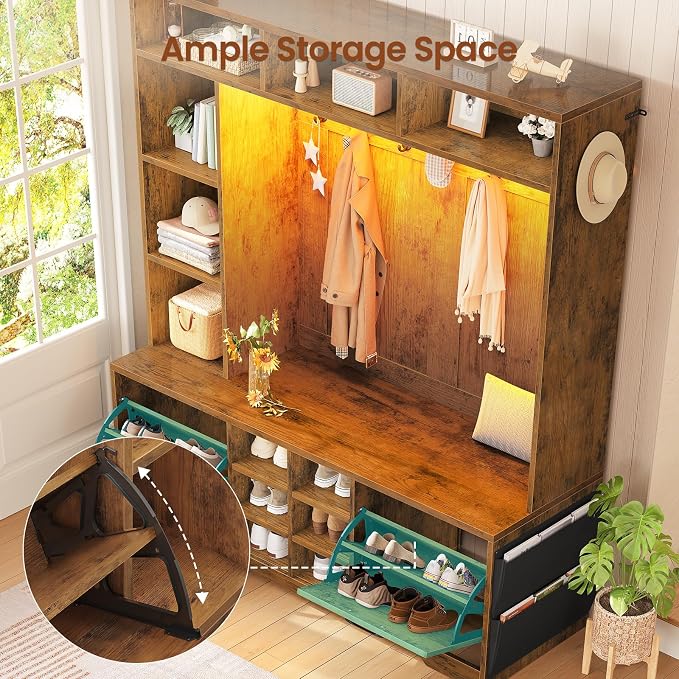 Itaar Hall Tree with Bench and Shoe Storage, 59.1" Farmhouse Entryway Bench with Coat Rack, Shoe Cabinet with Flip Drawers, 12 Shelves, 9 Coat Hooks, Storage Bag, Led Lights, Rustic Brown